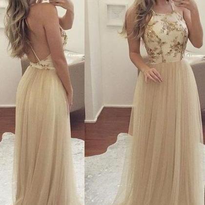 Simple Champagne Tulle Prom Dresses,long Prom..