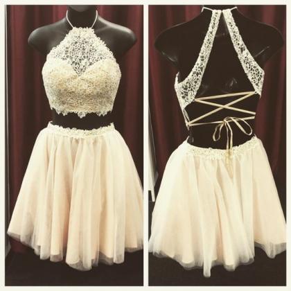 Two Pieces Lace Homecoming Dresses, Tulle..