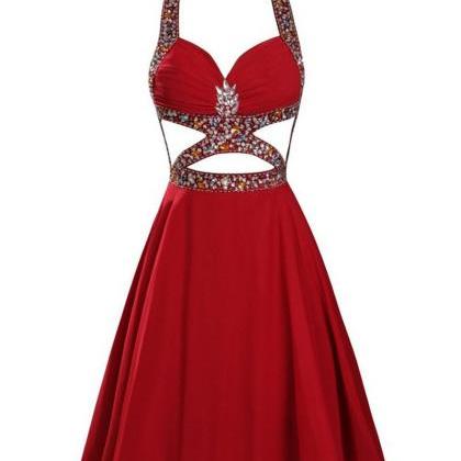 Vestidos Graduacion Largo Sexy Backless Red Chiffon Beaded Sweet