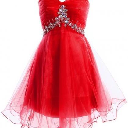 Red Ruched Sweetheart Short Tulle Homecoming Dress..