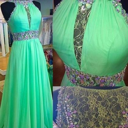 Lace Chiffon Green A-line Sleeveless Prom..