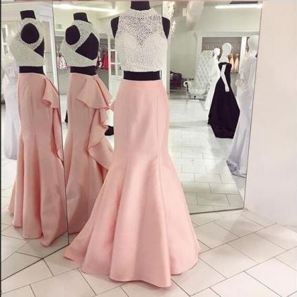 Two Pieces Satin Prom Dresses Pink Crystals Two..