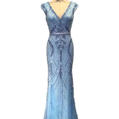 Real Photos Arabic Royal Blue V-neck Evening Dress..
