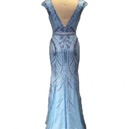 Real Photos Arabic Royal Blue V-neck Evening Dress..