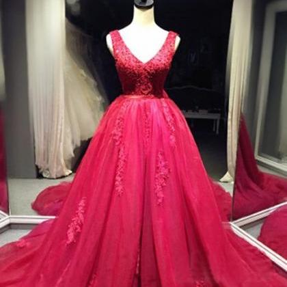 V-neck Ball Gown A-line Tulle Prom Dresses Lace..