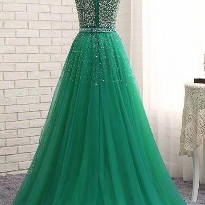 Long Tulle Prom Dresses Crystals Floor Length..