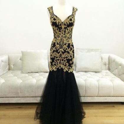 Mermaid Black Tulle Prom Dresses With Golden..