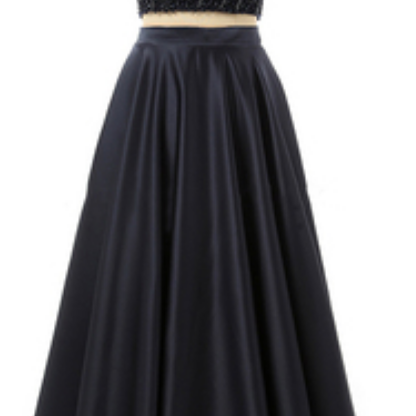 Long Prom Dress 2 Pieces Black Satin Prom Dresses..