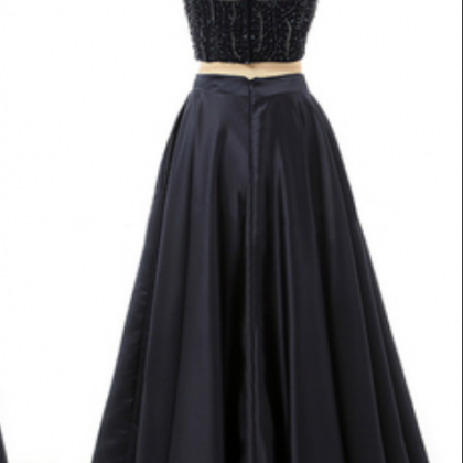 Long Prom Dress 2 Pieces Black Satin Prom Dresses..