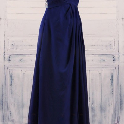 Dark Blue Chiffon Prom Dresses One Shoulder..