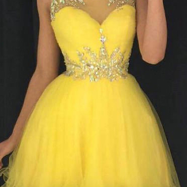 Bateau Neck Yellow Short Prom Dress, Sweet..
