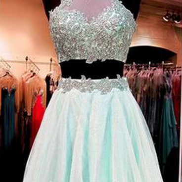 High Neck Lace Homecoming Dresses, Two Pieces Mint..