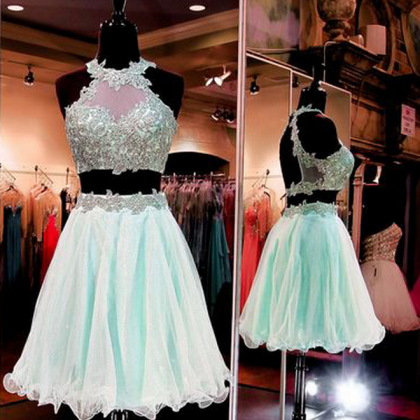 High Neck Lace Homecoming Dresses, Two Pieces Mint..