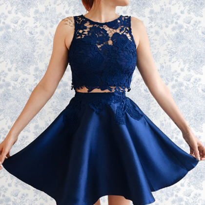 Lace Homecoming Dresses,navy Two Piece A-line..