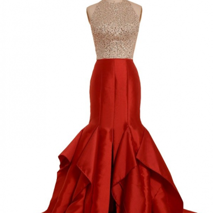 Style Red Satin Backless Evening Dress Formal..