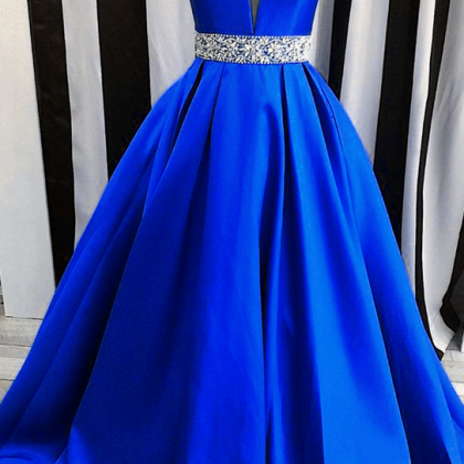 Royal Blue Satin Prom Dresses Crystals Women Party..