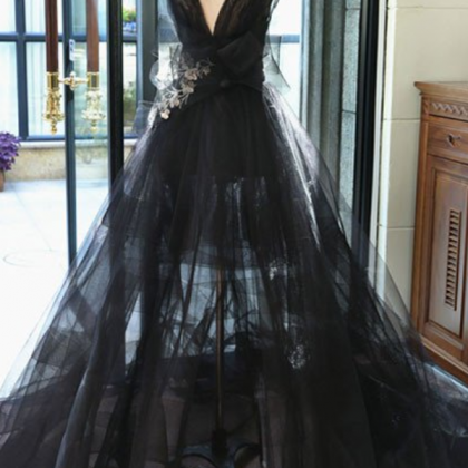 Black V Neck Tulle Long Prom Dress, Black Evening..