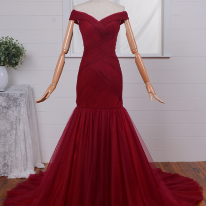 Ruched Mermaid Long Red Formal Evening Gown..