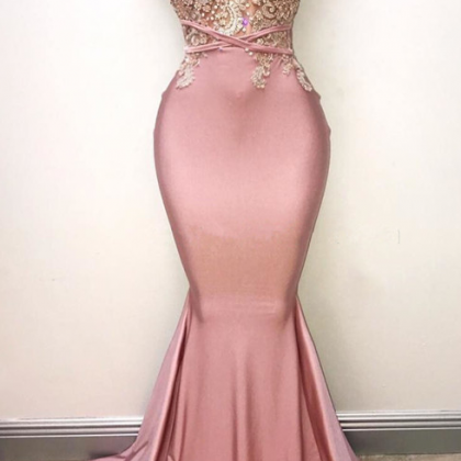 V-neck Pink Evening Dress Straps Beads Appliques..