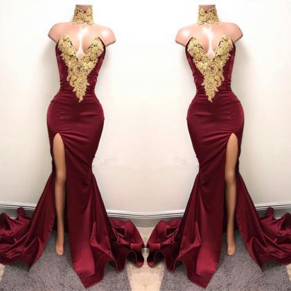 Lace Appliques Mermaid Burgundy Evening Gown Front..