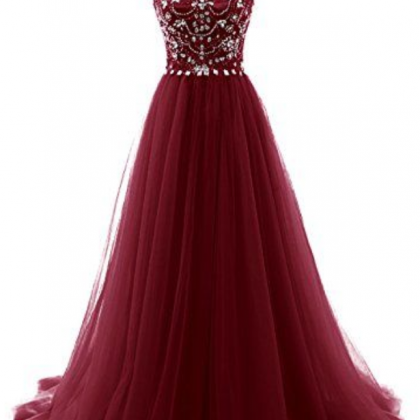 Gorgeous Beaded Burgundy Prom Dress, Tulle Pageant..