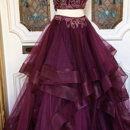 2 Piece Prom Gown,two Piece Prom Dresses,burgundy..