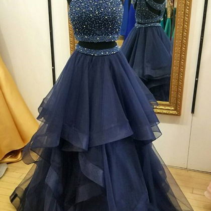 Charming Navy Blue Prom Dress,two Piece Prom..
