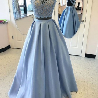 Blue Two Pieces Lace Long Prom Dress, High Neck..