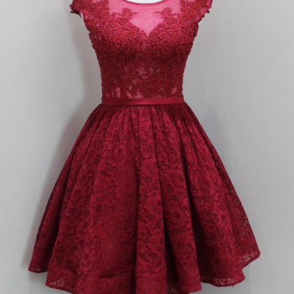 Wine Red Lace Prom Dresses, High Low Prom Dress,..