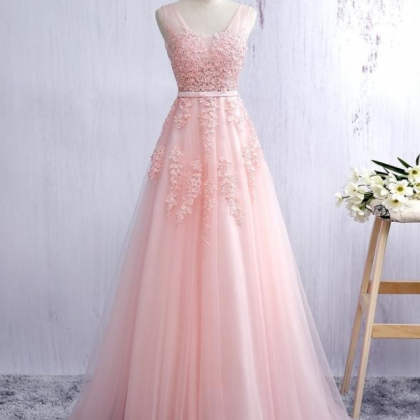 2017 Gorgeous Pink V Neck Tulle Prom Dress, Open..