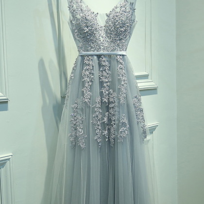 Beautiful Half Sleeves Lace Prom Dress, Sexy V..