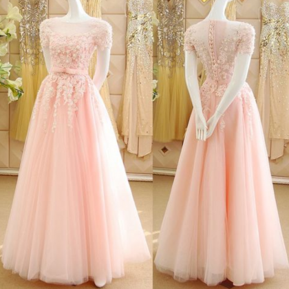 Pink Princess Prom Dresses With Lace Appliques,..