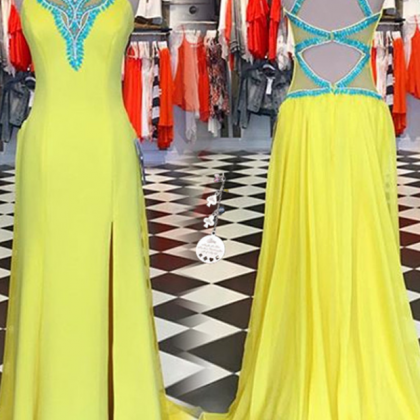 Yellow Long Prom Dresses,beading Prtom Gowns,prom..