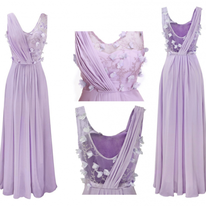 Prom Gown,lilac Sleeveless A-line Long Chiffon..