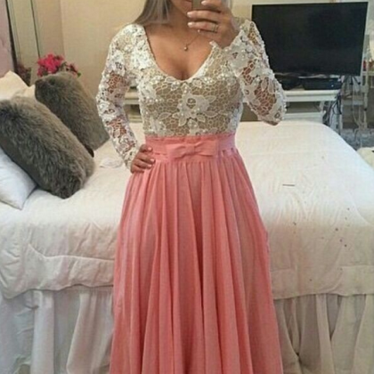 Pink Prom Dress,2016 Prom Dress,white Lace Prom..