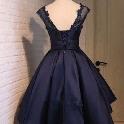 Short Ball Gown Navy Blue Homecoming Dress Satin..