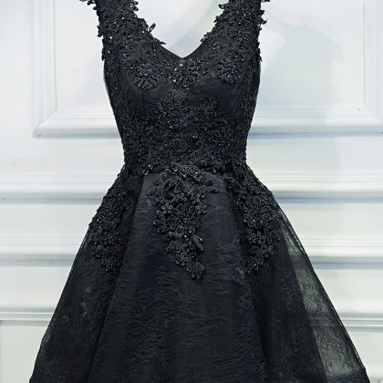 Sexy Black Short Prom Dress, Black Lace Prom..