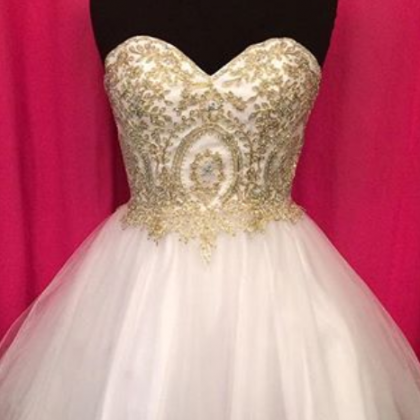 Homecoming Dress,gold Lace Appliques Sweetheart..