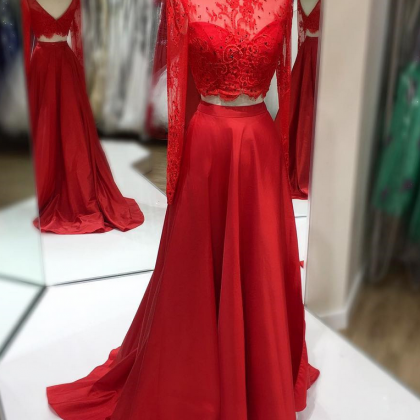 Red Boat Neckline Two Piece Prom Dress, Long..