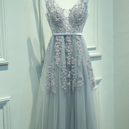 A-line V-neck Sleeveless Gray Long Prom Dress With..