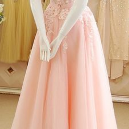 Pink Princess Prom Dresses With Lace Appliques,..