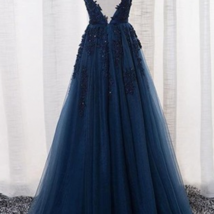Elegant Tulle Prom Dress, Lace Prom Dress, Navy..