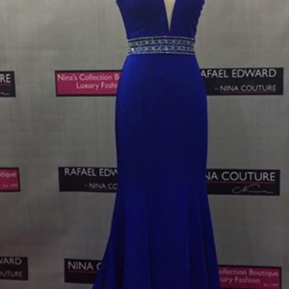 Royal Blue Pluging V Neck Prom Dreess,fitted Open..