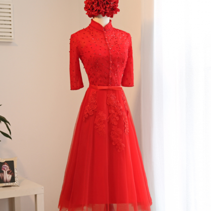 Sexy Prom Dress,half Sleeve Red Tulle Prom..