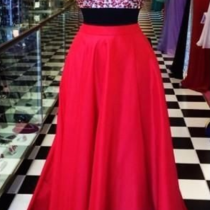 High Neck Two Piece Prom Dress Red Long Evening..