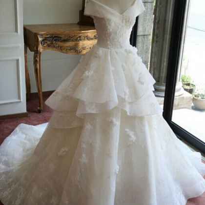Off-the-shoulder A-line Tiered Ruffles Wedding..