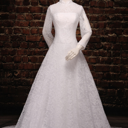 Long Sleeved High Collar White Lace Wedding..