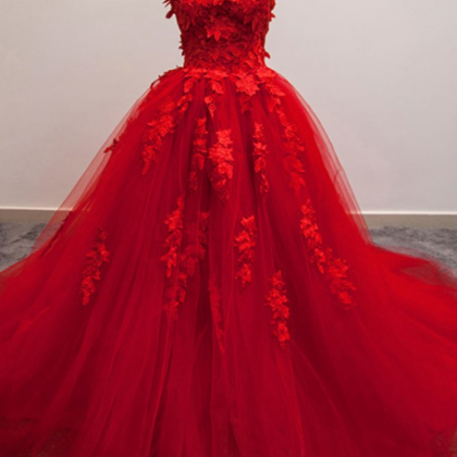 Red Ball Gown Appliques Lace Flower Wedding..