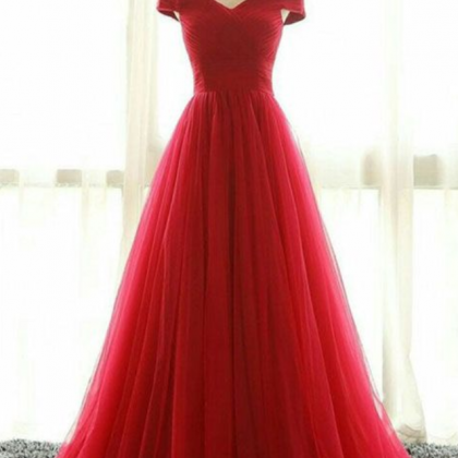 Red A Line Tulle Off Shoulder Long Prom Dress, Red..