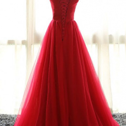 Red A Line Tulle Off Shoulder Long Prom Dress, Red..